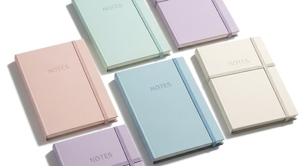 Pastel Notebooks Composition: Elegant Arrangement of Colorful Journals on White Background.