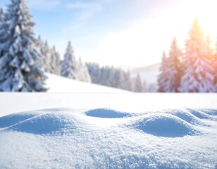 Fototapeta premium Snowy landscape with sunlit, blurred background of snow-covered evergreens