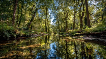 Fototapeta premium A serene forest scene with sunlight filtering through lush green trees, reflecting beautifully on calm waters.