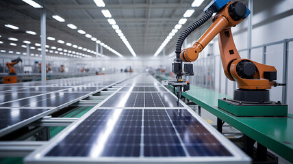 Automated robotic arm assembling solar panels in a modern manufacturing facility