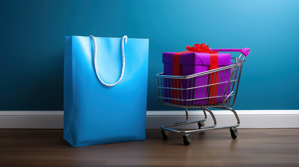 Gift shopping with colorful wrapping and a blue bag