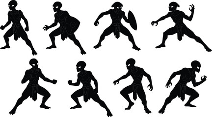 Alien warrior silhouette vector set, fantasy creature illustration, black shadow monster, sci fi alien fighter, combat stance, ancient fighter