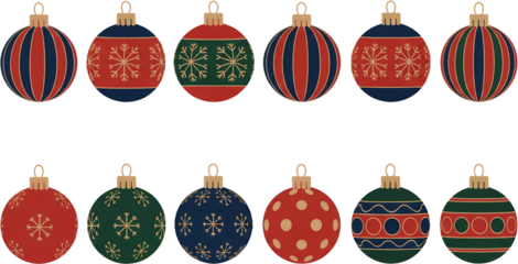 Assortment of twelve festive Christmas ornaments featuring varied patterns like stripes snowflakes dots and geometric shapes in red blue and green colors with gold accents