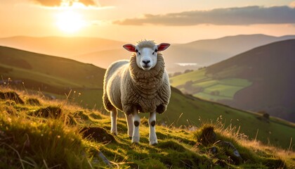 Sheep at sunset on a hillside