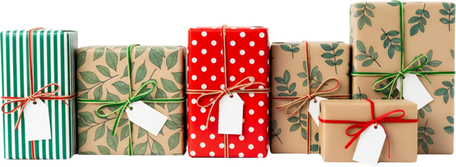 Collection Of Meticulously Wrapped Gift Boxes With Varied Patterns And Ribbons Featuring Blank Tags For Personalization Present Isolated Transparent Background