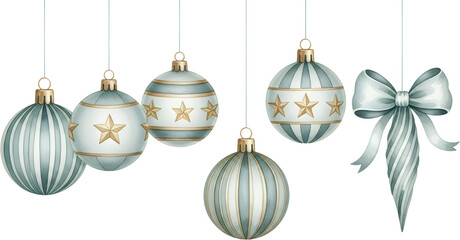 Festive Christmas ornaments including striped baubles with gold stars and a hanging decorative bow isolated on a transparent background decoration holiday
