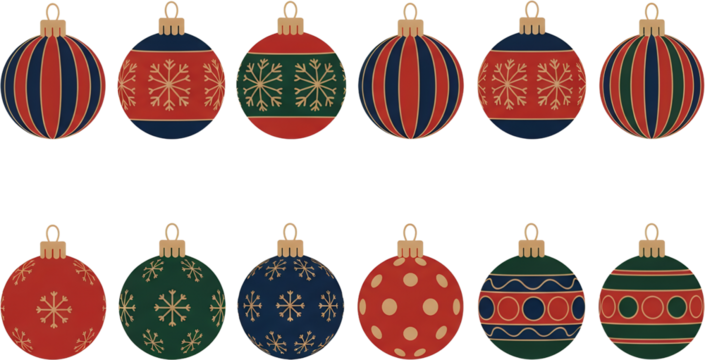 Assortment of twelve festive Christmas ornaments featuring varied patterns like stripes snowflakes dots and geometric shapes in red blue and green colors with gold accents - Powered by Adobe