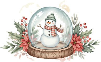 A cheerful snowman wearing a striped scarf and hat stands inside a glass snow globe adorned with poinsettias and holly branches Christmas holiday winter