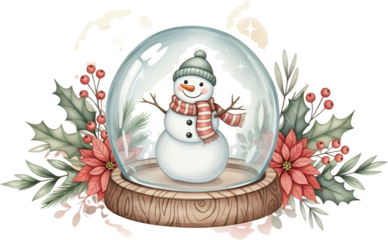 A cheerful snowman wearing a striped scarf and hat stands inside a glass snow globe adorned with poinsettias and holly branches Christmas holiday winter