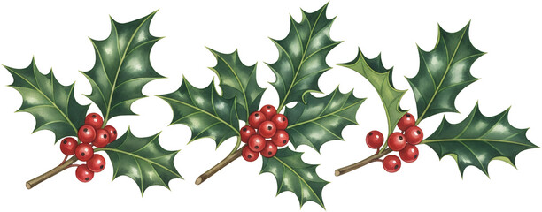 A decorative border composed of glossy dark green holly leaves and clusters of bright red berries on thin brown branches set against a transparent background