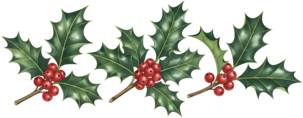 A decorative border composed of glossy dark green holly leaves and clusters of bright red berries on thin brown branches set against a transparent background