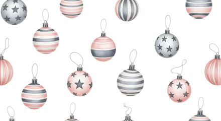 Pattern of watercolor Christmas ornaments with stars and stripes in pastel pink and gray tones on a transparent background Christmas decorations holiday