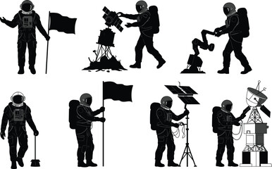 Astronaut silhouette vector set, space exploration illustration, cosmic science technology, astronaut holding flag, satellite communication, robotic arm design, telescope © Rafin's World