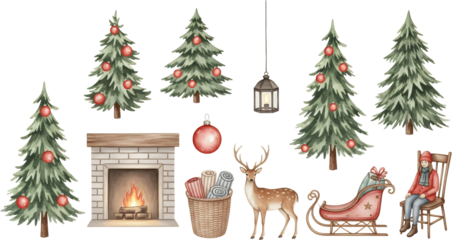 Watercolor illustration of decorated Christmas trees a lit fireplace a reindeer a sleigh with gifts a hanging lantern a basket of rolled items and a person sitting in a chair