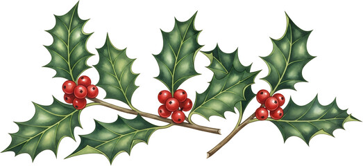 A horizontal sprig of holly branches with pointed green leaves and clusters of vibrant red berries Christmas Winter Festive Nature Plant Flora Botanical