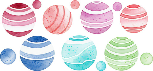 Colorful watercolor planets with white stripes and speckles in various sizes and hues of red pink purple blue teal and green on a transparent background