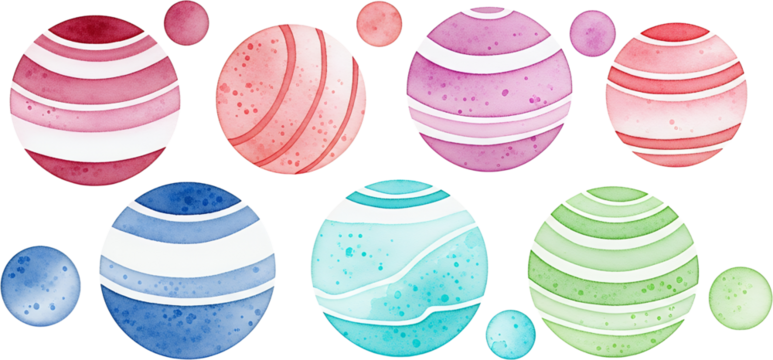 Colorful watercolor planets with white stripes and speckles in various sizes and hues of red pink purple blue teal and green on a transparent background