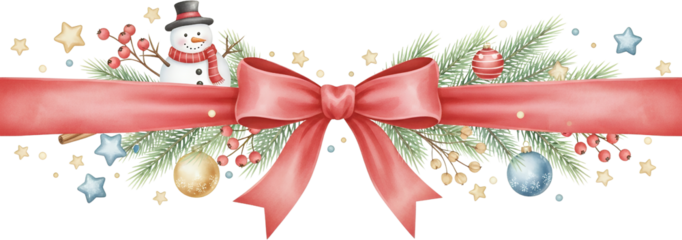 Festive watercolor Christmas garland featuring a snowman red bow pine branches berries ornaments and stars holiday winter decoration ribbon berry festive garland