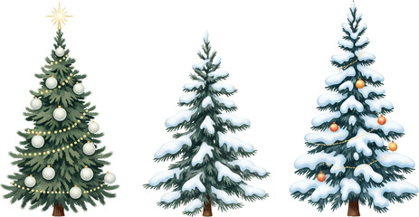 Obraz premium Three illustrated Christmas trees one decorated with white baubles and yellow lights topped with a star and two snow covered trees with gold baubles and gold garland