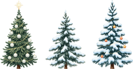 Three illustrated Christmas trees one decorated with white baubles and yellow lights topped with a star and two snow covered trees with gold baubles and gold garland