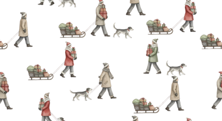 Watercolor Illustrations Of People In Winter Clothing Pulling Sleighs Filled With Gifts And Walking Dogs On A Transparent Background Holiday Present Festive