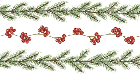 Watercolor border elements featuring pine branches and red berries a festive decorative pattern on a transparent background Berry Christmas Holiday Nature