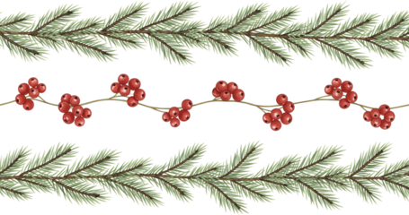 Watercolor border elements featuring pine branches and red berries a festive decorative pattern on a transparent background Berry Christmas Holiday Nature