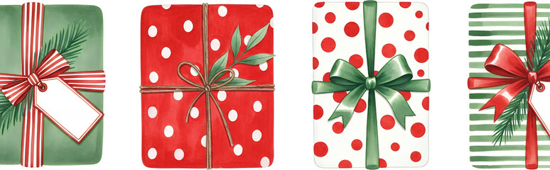 Four different watercolor gift boxes decorated with bows tags sprigs and patterned wrapping paper including polka dots and stripes present holiday christmas