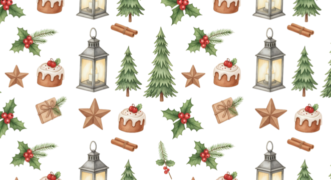 Festive Christmas Pattern Featuring Decorated Cakes Evergreen Trees Lit Lanterns Star Ornaments Cinnamon Sticks Wrapped Gifts And Holly Sprigs On A Transparent Background - Powered by Adobe