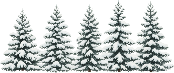 Five Snow Covered Pine Trees Lined Up Against A Transparent Background Depicting A Winter Forest Scene Nature Evergreen Cold Season Frost White Landscape Outdoors