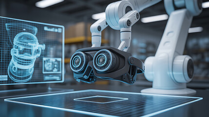 Robotic arm holding augmented reality goggles in a high-tech industrial setting with holographic display