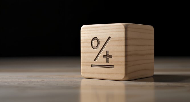 Wooden Block with Engraved Mathematical Symbols on a Textured Surface