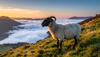 Sheep on a mountaintop at sunrise over clouds