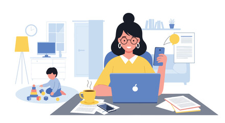 Adobe illustrator artwork vector illustration. A multitasking mother works from home on her laptop while her child plays, highlighting remote work-life balance