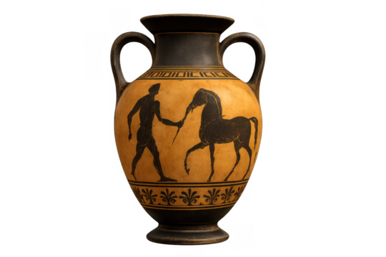 Ancient greek black-figure amphora with man and horse artwork