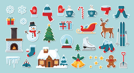 Adobe illustrator artwork vector illustration. A festive collection of Christmas and winter-themed flat design stickers, including holiday decorations, cozy items, and seasonal activities