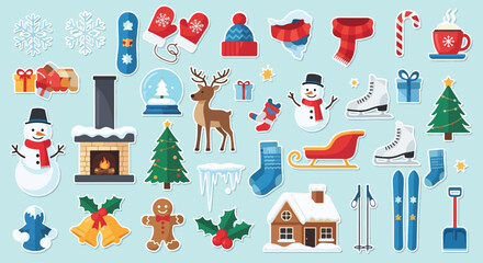Adobe illustrator artwork vector illustration. A festive collection of Christmas and winter-themed flat design stickers, including holiday decorations, cozy items, and seasonal activities