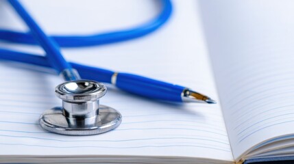 Blue Stethoscope and Pen on Open Notebook with Lines in Bright Lighting