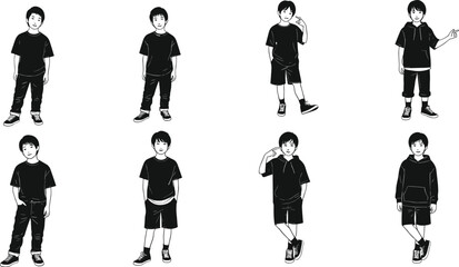 Casual boy silhouette collection, young kid vector illustration, children fashion design template, stylish child character pose, modern youth outfit concept
