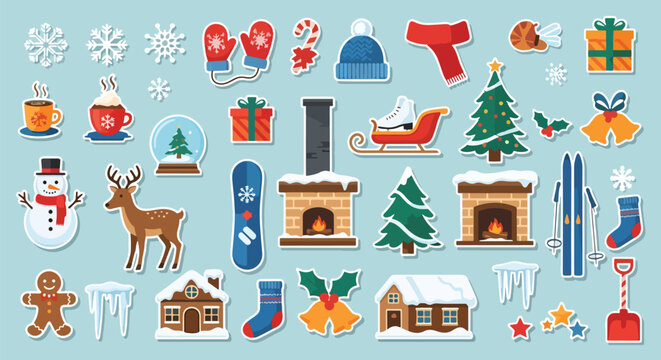 Adobe illustrator artwork vector illustration. A festive collection of Christmas and winter-themed flat design stickers, including holiday decorations, cozy items, and seasonal activities