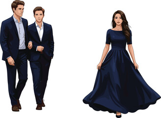 Formal, fashion, elegant, attire, suit, gown, walking, standing, people, character, vector, icon, style, clothing, event, white background