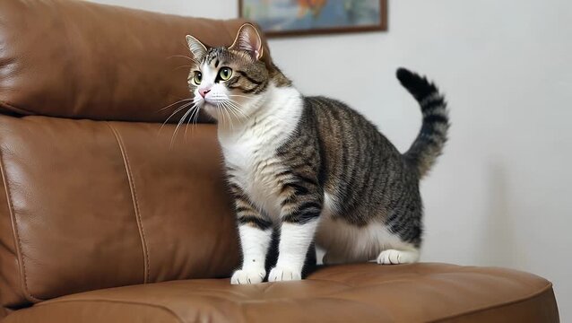 domestic feline pet that has caused damage to piece of furniture by using its claws to scratch the leather material