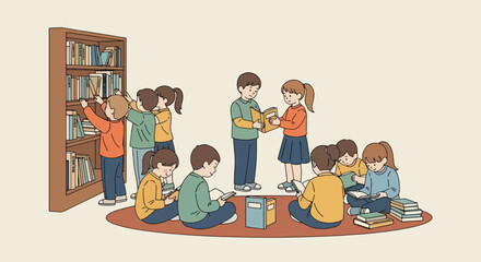 Adobe illustrator artwork vector illustration. A group of diverse children happily read books in a modern library or school, promoting education, literacy, and inclusivity
