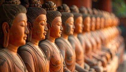 Fototapeta premium Aligned Row of Brown Buddha Statues with Intricate Details and Serene Expressions against a Soft Blurred Background Lit by Warm Natural Light