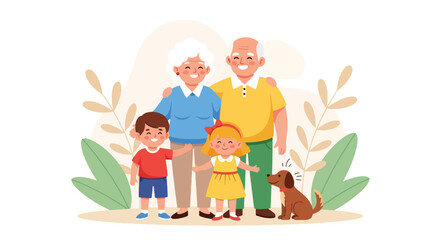 Adobe illustrator artwork vector illustration. Happy grandparents and grandchildren enjoy time together at a playground with their dog, symbolizing family fun and active aging