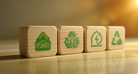 Wooden blocks with eco-friendly symbols and text related to sustainability and finance.