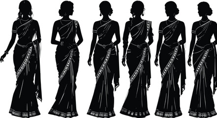 Elegant Indian woman silhouettes wearing traditional saree dress, cultural fashion illustration, ethnic clothing vector artwork, feminine style design for stock