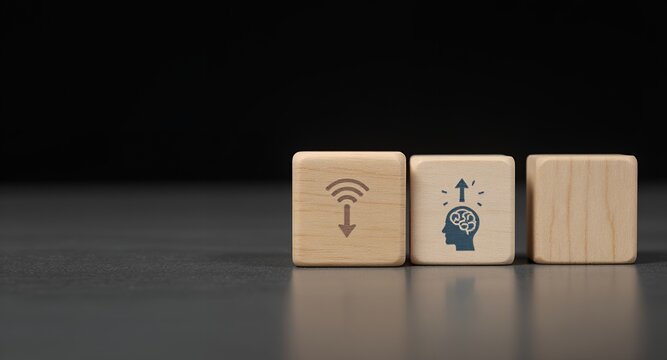Wooden Blocks with Concept Symbols, Communication, Ideas, and Progress