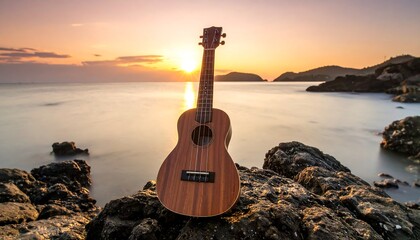 Ukulele on rocks at sunset