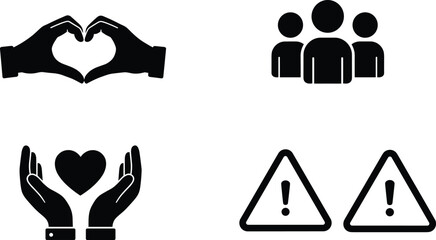 Love, care, support, community, teamwork, heart, hands, warning, caution, symbol, icon, vector, safety, protection, unity, white background